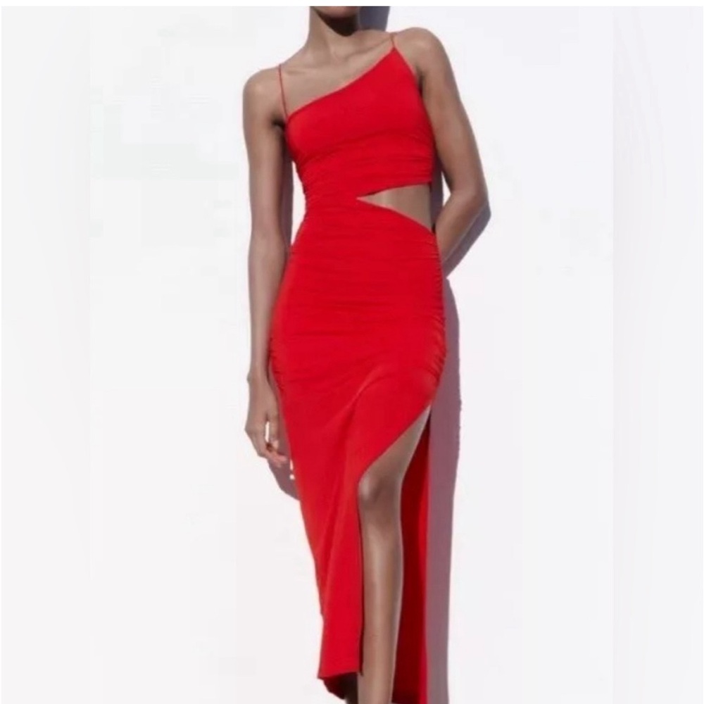 Zara Red Asymmetrical One Shoulder Maxi Dress